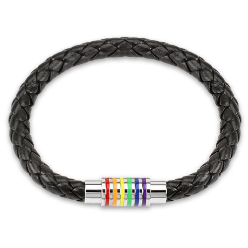 Unity– Black leather braided bracelet stainless steel with pride rainbow chakra colors on magnetic clasp