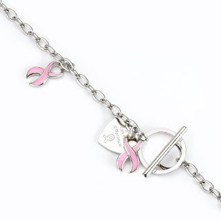 Pink Ribbon Bracelet - Pink Enamel Filled Stainless Steel Symbol Of Fight Against Breast Cancer Bracelet