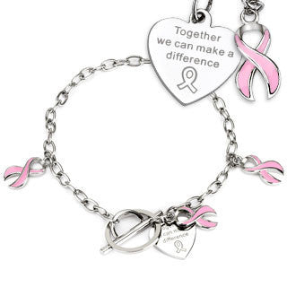 Pink Ribbon Bracelet - Pink Enamel Filled Stainless Steel Symbol Of Fight Against Breast Cancer Bracelet