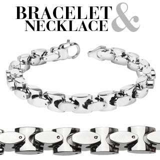 Uptown Set – Polished silver stainless steel oval in square link necklace and bracelet set  N25-B49