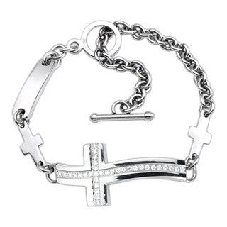 Faith In Fashion - Stylish Yet Traditional Center Filled Cubic Zirconias Curvy Cross Bracelet