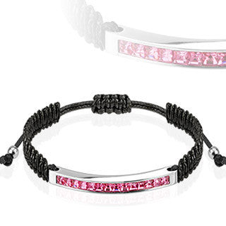 Kiss Me – Pink Square-Cut Cubic Zirconias Stainless Steel Beaded Tip Drawstring Bracelet