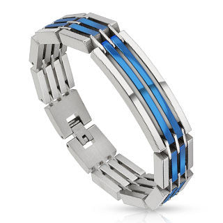 Powerhouse Blue – Heavy Linked Industrial Two-Tone Blue Silver Multi-Layered Stainless Steel Segmented Bracelet