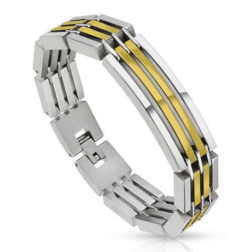 Powerhouse Gold– Heavy linked industrial two-tone silver and gold IP multi-layered segmented stainless steel bracelet