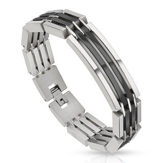 Powerhouse Black – Heavy Linked Industrial Two-Tone Black Silver Multi-Layered Stainless Steel Segmented Bracelet