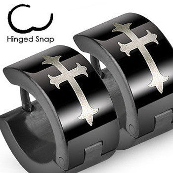 Cry Of The Cross - Gothic Medieval Crosses Hinged Hoop Design Stainless Steel Black Earrings