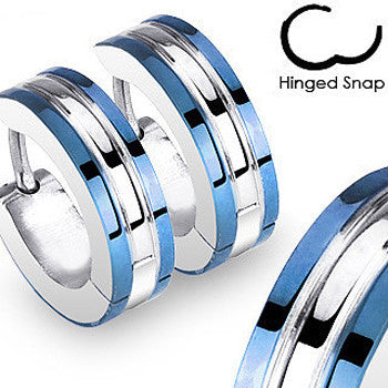 Feminine Spirit - Blue Skies -Unique Industrial Modern Style Stainless Steel Hinged Hoop Earrings with Blue Edges