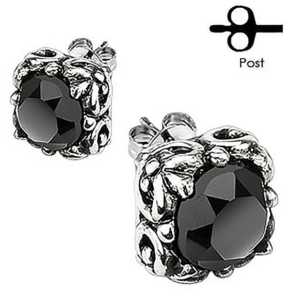 Black Glamor– Carved gothic floral design with black cubic zirconia solitaires set in surgical stainless steel stud earrings