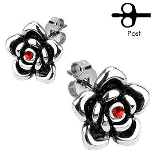 Everlasting Rose Earrings – Stainless Steel Rose Flower Design Post Earrings With Ruby Red Cubic Zirconias