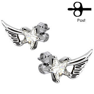 Starflight - Angelic Wings Design Stainless Steel Earrings with Cubic Zirconia Stars