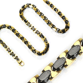 Manhattan After Dark Necklace - Black IP and gold IP stainless steel two-tone oval in square link necklace