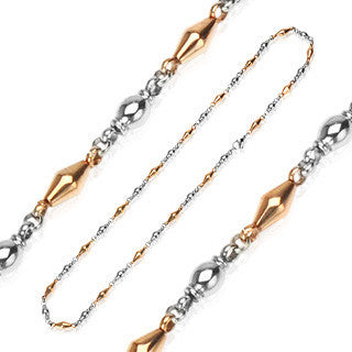 Ornamental– Two tone bronze IP and silver stainless steel bead chandelier style necklace