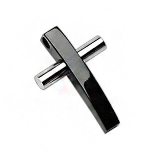 Sincerity–Polished black IP and silver two-tone cross pendant in stainless steel