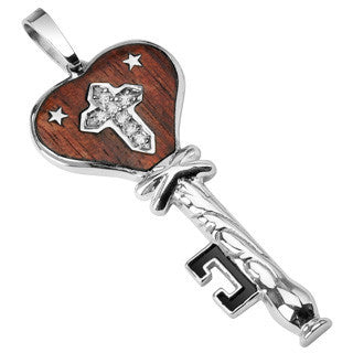 Star Crossed - Surgical Grade Stainless Steel Key Design Pendant with Wood Inlay and Cubic Zirconia