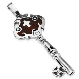 The Gatekeeper - Shiny Key Shaped Dark Wood Trim Key Pendant with Steel Cross and Two Cubic Zirconias