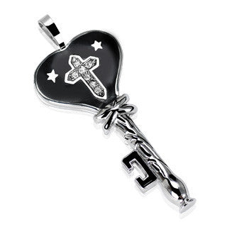 Faith Is The Key - Black and Stainless Steel Heart Key Pendant with Cubic Zirconias Cross