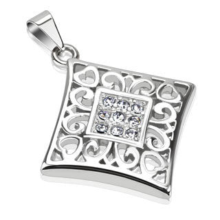 Hearts and Diamonds – Diamond shaped scrolled heart design pendant with round-cut cubic zirconias