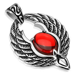 Phoenix - Phoenix Wings with Red Orb Stainless Steel Magical Design Pendant