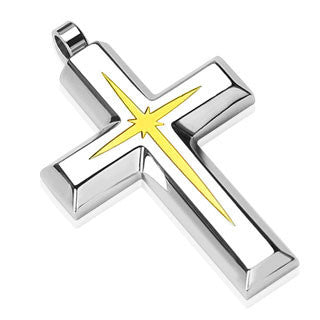 Shining Star Cross– Stainless steel cross pendant with PVD gold star center