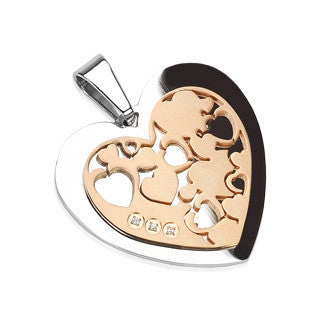 Queen of Hearts - Love and Hearts Inlayed Rose Gold Stainless Steel Pendant with Cubic Zirconias