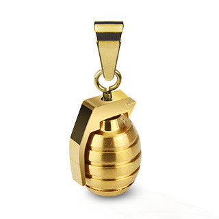 Gold Grenade-Carved gold IP stainless steel military-look hand grenade pendant