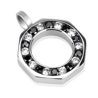 Wheel of Fortune– Black and white round-cut cubic zirconia studded eternity circle pendant in stainless steel