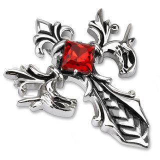 Crimson Cross Fleur De Lis - In French Flower of Lily Sophisticated Design Cross with Red Princess-Cut Cubic Zirconia