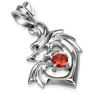 Dragonheart – Sculpted Polished Stainless Steel Tribal Dragon Design Heart Shaped Pendant with Ruby Red Cubic Zirconia Solitaire