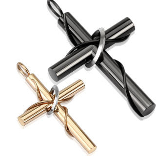 Faith In Us - Black Ion-Plate and Rose Gold Ion-Plated Cylindric Crosses with Silver Center Ring Couple's Pendants