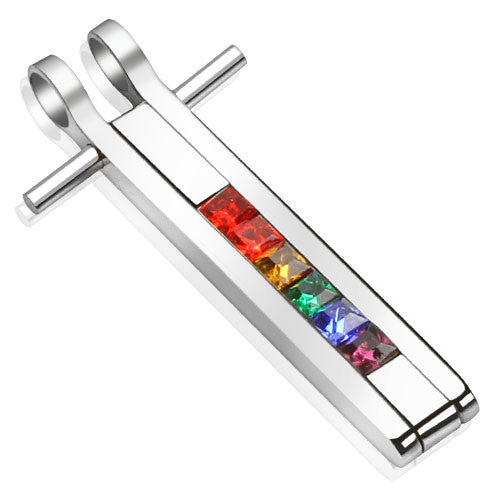 Indomitable – Rainbow colored gemstone bar pendant set in polished stainless steel