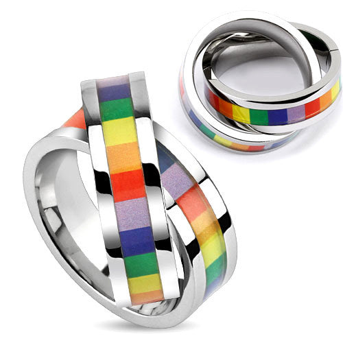 Double Rainbow- Double band linked ring pendant with rainbow colors inlayed in stainless steel