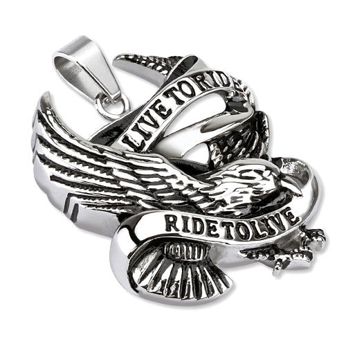 Ride to Live- Classic biker live to ride to live black and silver carved stainless steel eagle pendant