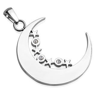 Cosmic – Stainless steel crescent moon with stars and CZ solitaires pendant