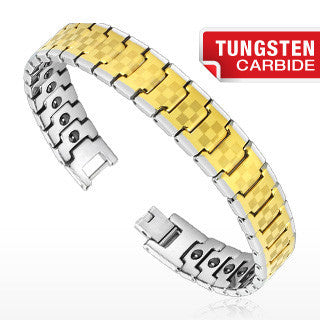 Gold Rush - Sophisticated Checkerboard Pattern Design Silver and Golden Tungsten Carbide Bio-Magnetic Bracelet