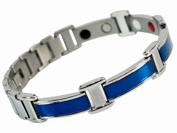 Elixir - 4 in 1 Germanium Anion Far Infrared Magnetic Therapy combination link blue IP and silver stainless steel bracelet