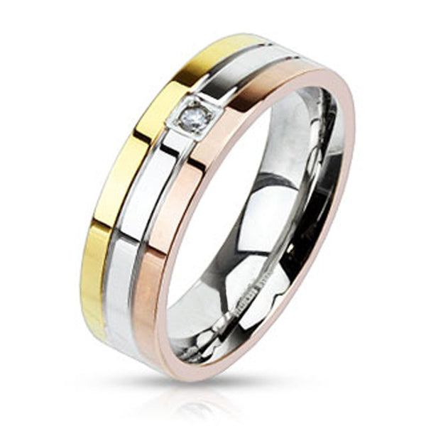 Trilogy - Triple Toned Stainless Steel Ring With A Center CZ Crystal