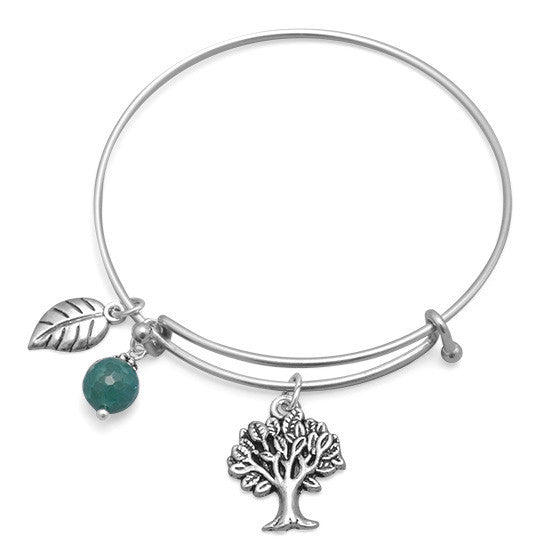 Treetop  – Expandable silver-tone bangle tree charm sterling silver bracelet with aqua agate bead