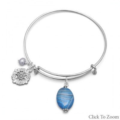 Pearls and Lace – Expandable silver-tone bangle floral charm bracelet with blue lace agate and freshwater pearl beads