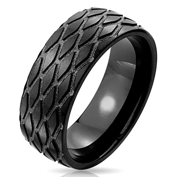 Black Tracks - A Tire Tread Pattern Black Stainless Steel Ring