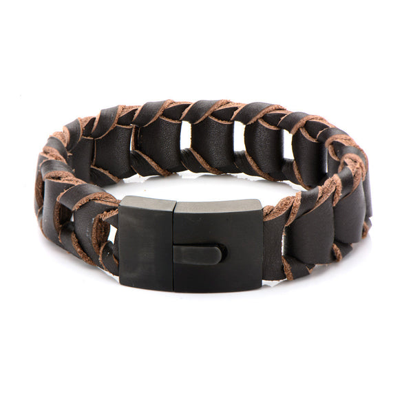 Espresso - Dark brown leather folded link style braided men's bracelet with stainless steel clasp