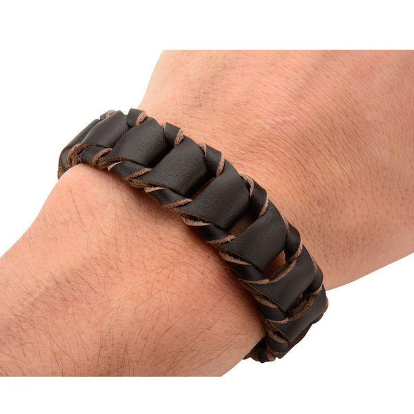 Espresso - Dark brown leather folded link style braided men's bracelet with stainless steel clasp