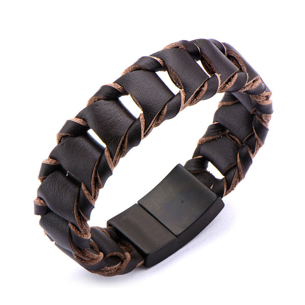 Espresso - Dark brown leather folded link style braided men's bracelet with stainless steel clasp