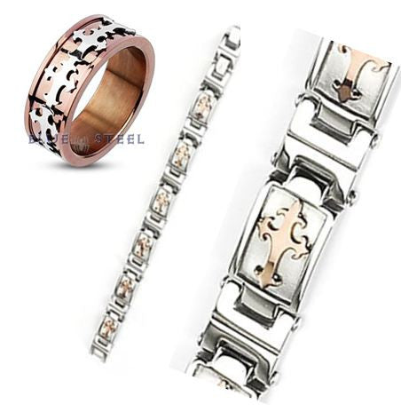 Cardinale Ring & Bracelet Set - Stainless Steel with Celtic Crosses Anodized Copper Color Ring and Silver Bracelet R-10018 and B-10010