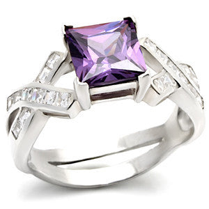 Prima Donna - Modern Design Amethyst Cubic Zirconia Sterling Silver Enegegement Ring with Multiple CZs