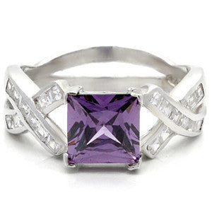 Prima Donna - Modern Design Amethyst Cubic Zirconia Sterling Silver Enegegement Ring with Multiple CZs