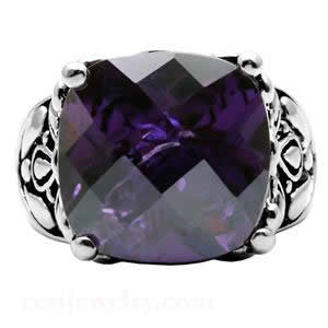 The Duchess– Cushion cut amethyst cubic zirconia cocktail ring in embellished stainless steel