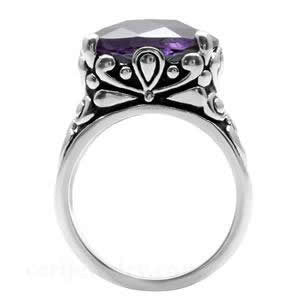 The Duchess– Cushion cut amethyst cubic zirconia cocktail ring in embellished stainless steel