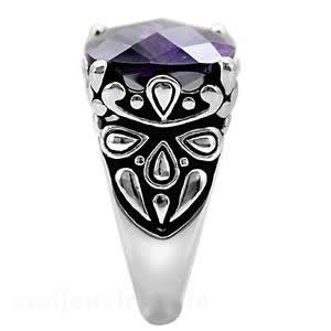 The Duchess– Cushion cut amethyst cubic zirconia cocktail ring in embellished stainless steel