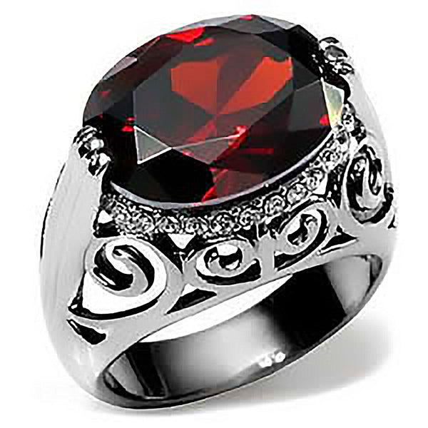 Baroness - Stainless Steel Open Scrollwork Oval Garnet Cubic Zirconia Cocktail Ring