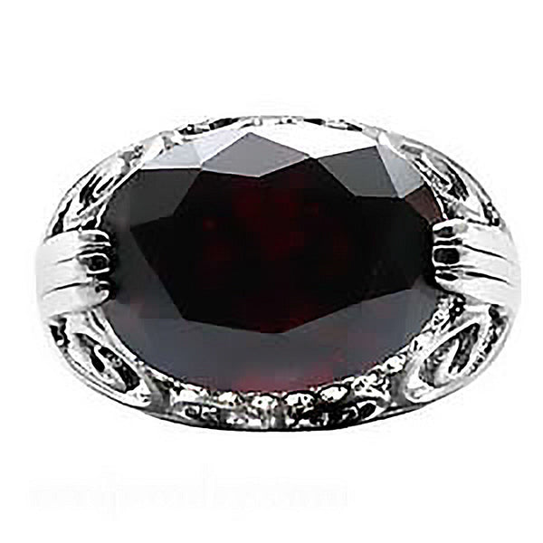 Baroness - Stainless Steel Open Scrollwork Oval Garnet Cubic Zirconia Cocktail Ring